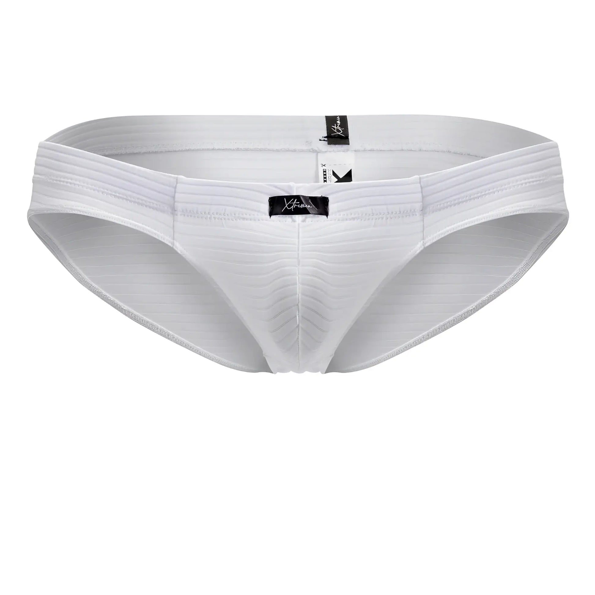 White Xtremen 91210B microfiber briefs with ribbed cotton fabric and sleek contoured design with black brand tags