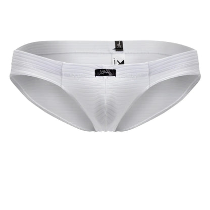 White Xtremen 91210B microfiber briefs with ribbed cotton fabric and sleek contoured design with black brand tags