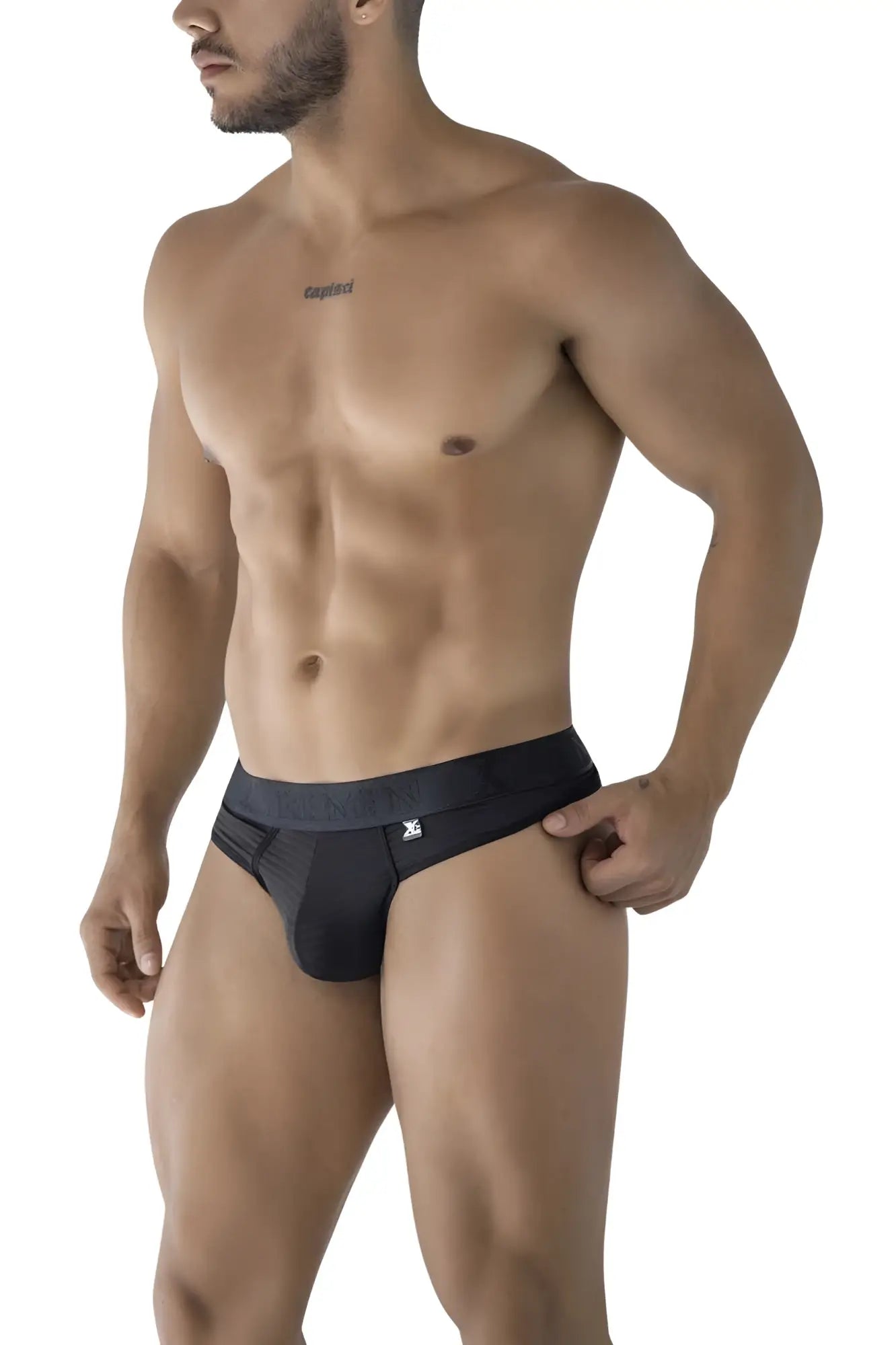 Black xtremen 91211b microfiber thongs with snug fit and subtle logo on waistband, front view