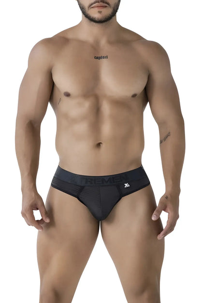 Black xtremen 91211b microfiber thongs with dark gray waistband featuring tremen logo and brand name