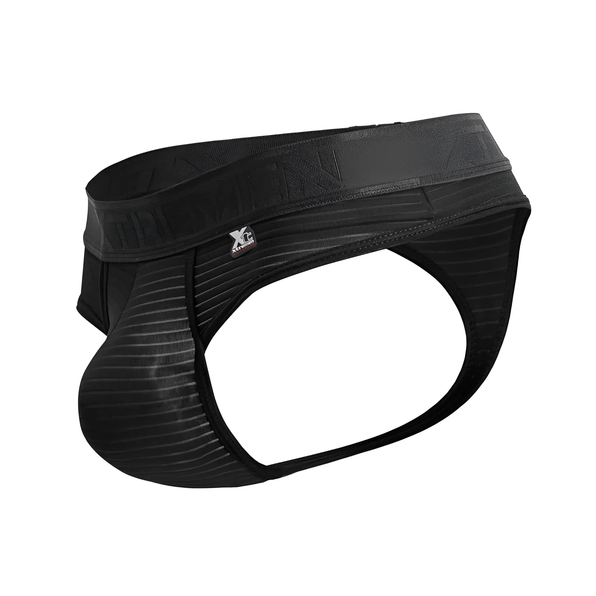 Black xtremen 91211b microfiber thongs with ribbed fabric and elastic waistband featuring xc logo