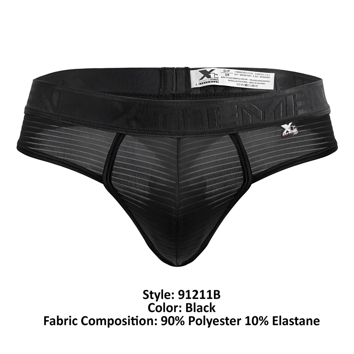 Black mesh briefs with a ribbed texture and elastic waistband featuring Xtremen logo in black microfiber material