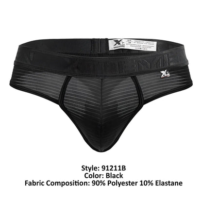 Black mesh briefs with a ribbed texture and elastic waistband featuring Xtremen logo in black microfiber material