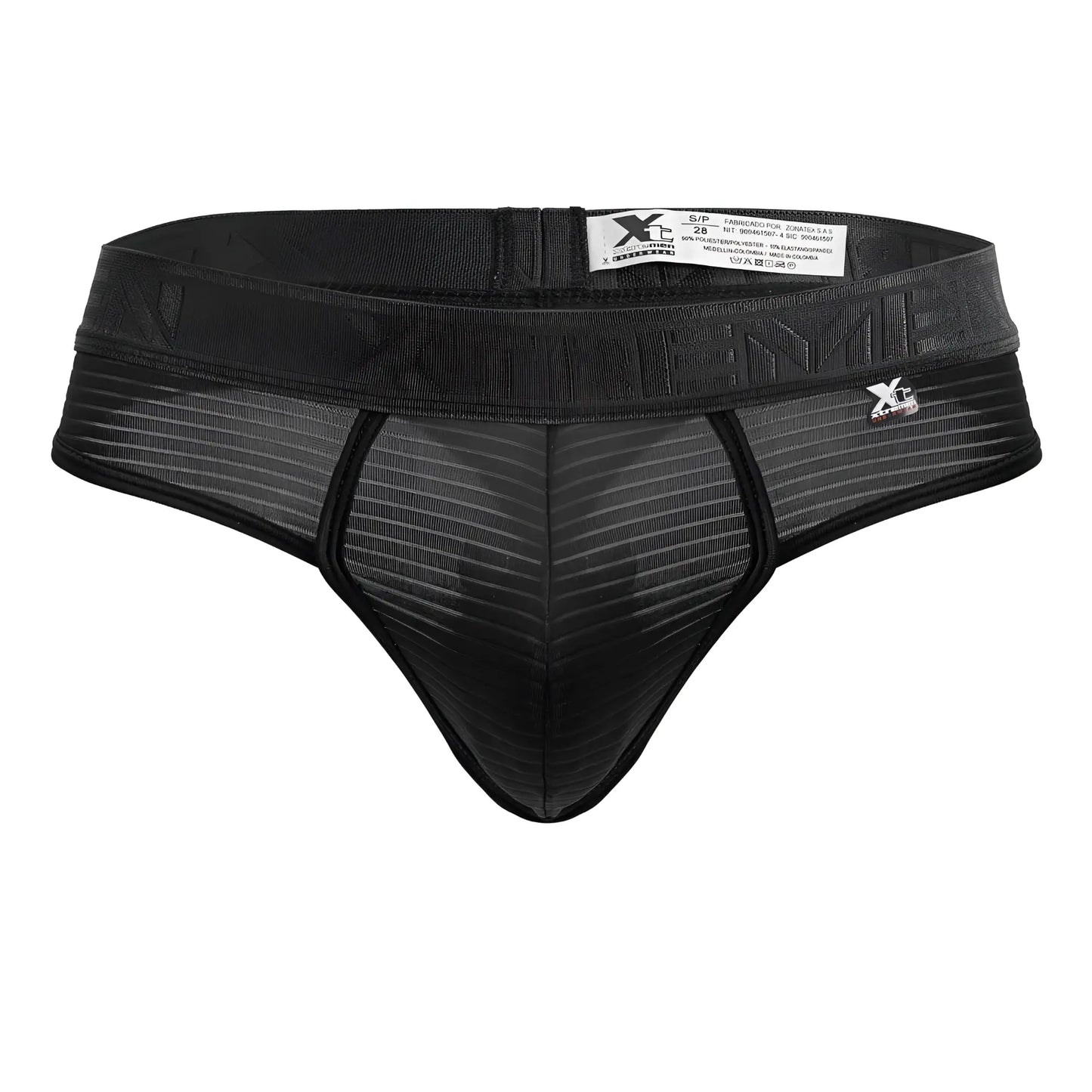 Black Xtremen 91211B microfiber thong with ribbed mesh texture and elastic waistband featuring xc logo