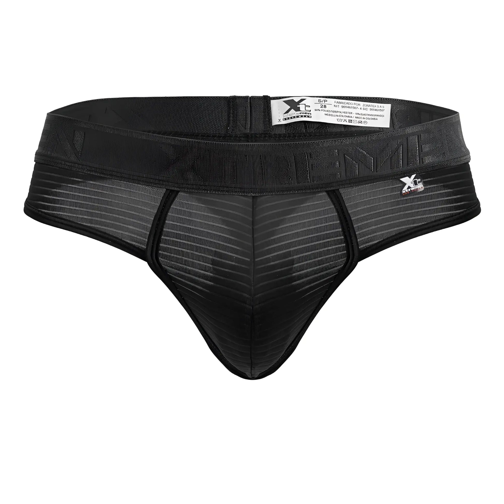 Black Xtremen 91211B microfiber thong with ribbed mesh texture and elastic waistband featuring xc logo