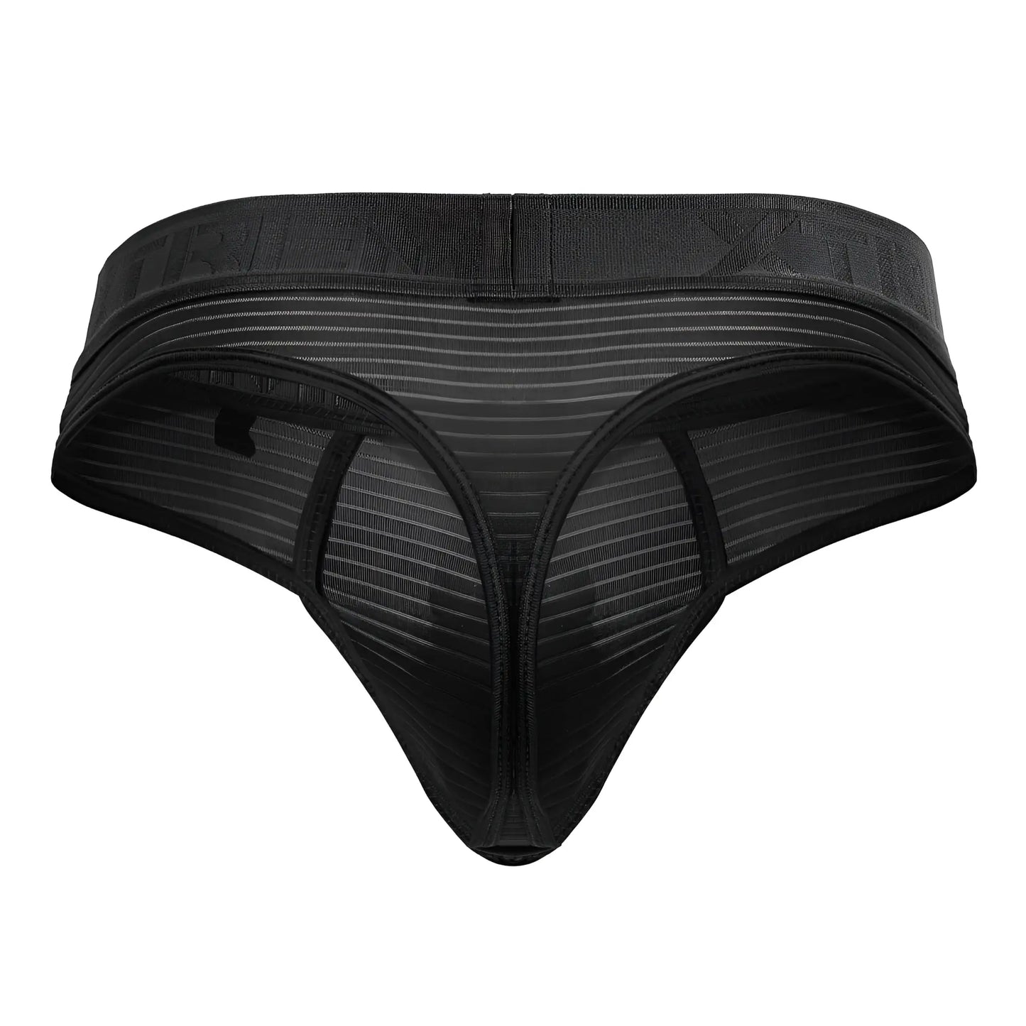 Xtremen 91211b black microfiber thong with a striped black mesh pattern and elastic waistband shown from the back