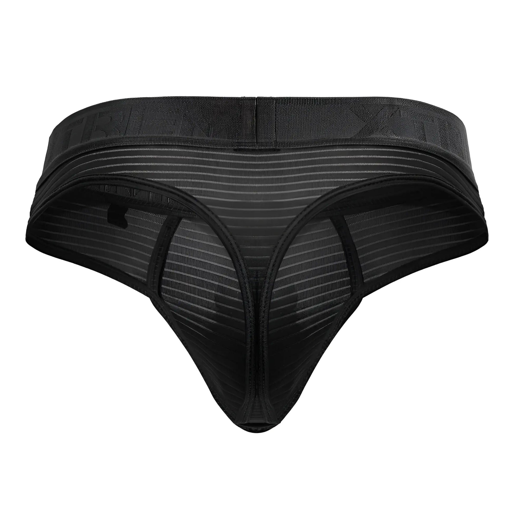 Xtremen 91211b black microfiber thong with a striped black mesh pattern and elastic waistband shown from the back