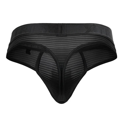Xtremen 91211b black microfiber thong with a striped black mesh pattern and elastic waistband shown from the back