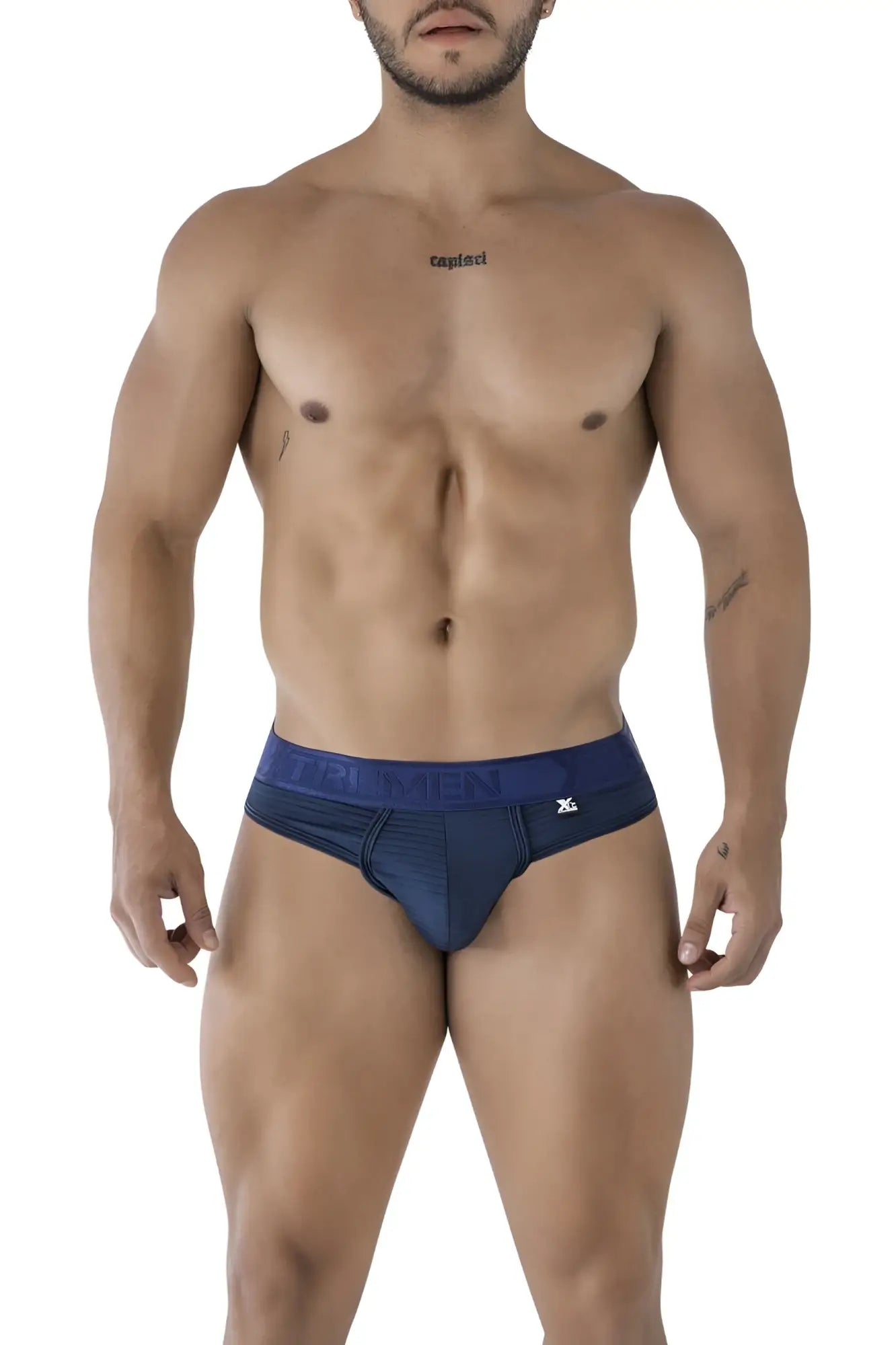 Navy blue Xtremen 91211B microfiber men’s briefs with darker navy waistband featuring brand name and logo