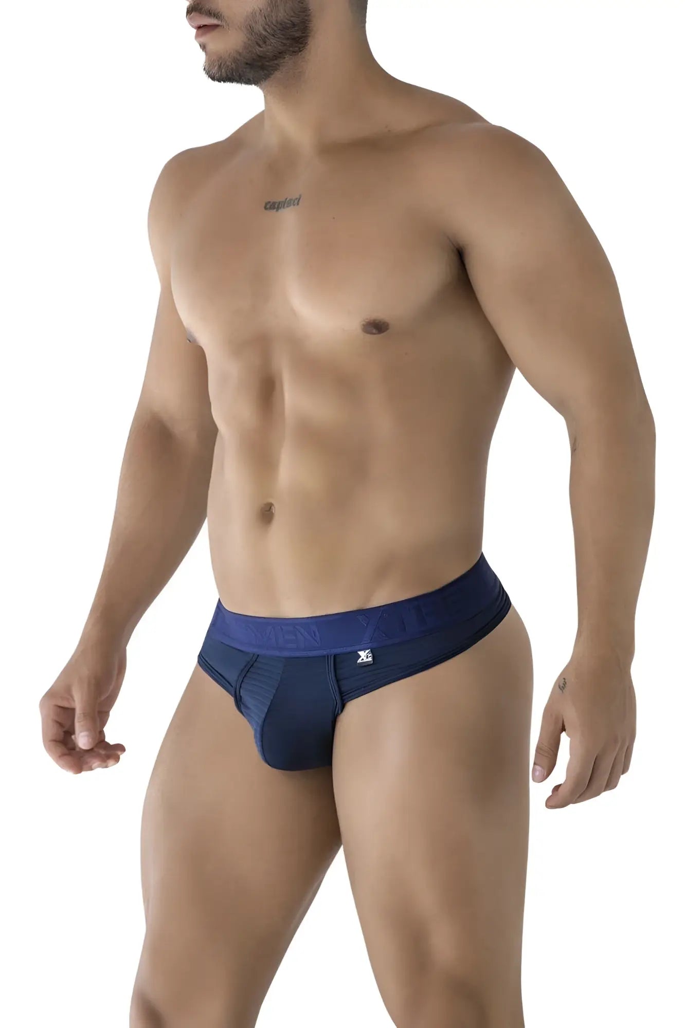Navy blue xtremen 91211b microfiber men’s briefs with matching waistband and small white front logo