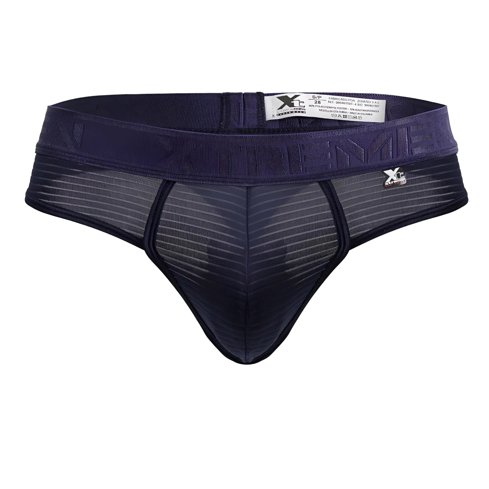 Dark navy blue xtremen 91211b microfiber men’s thong with mesh design and elastic waistband front view