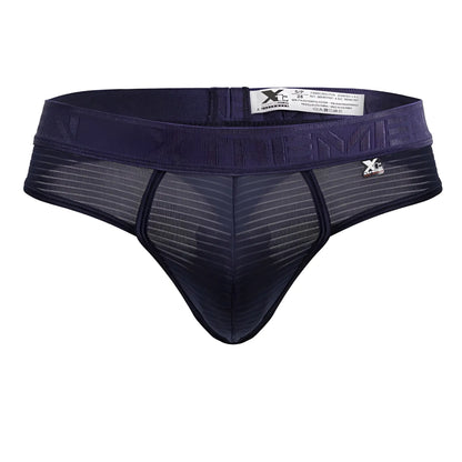 Dark navy blue xtremen 91211b microfiber men’s thong with mesh design and elastic waistband front view