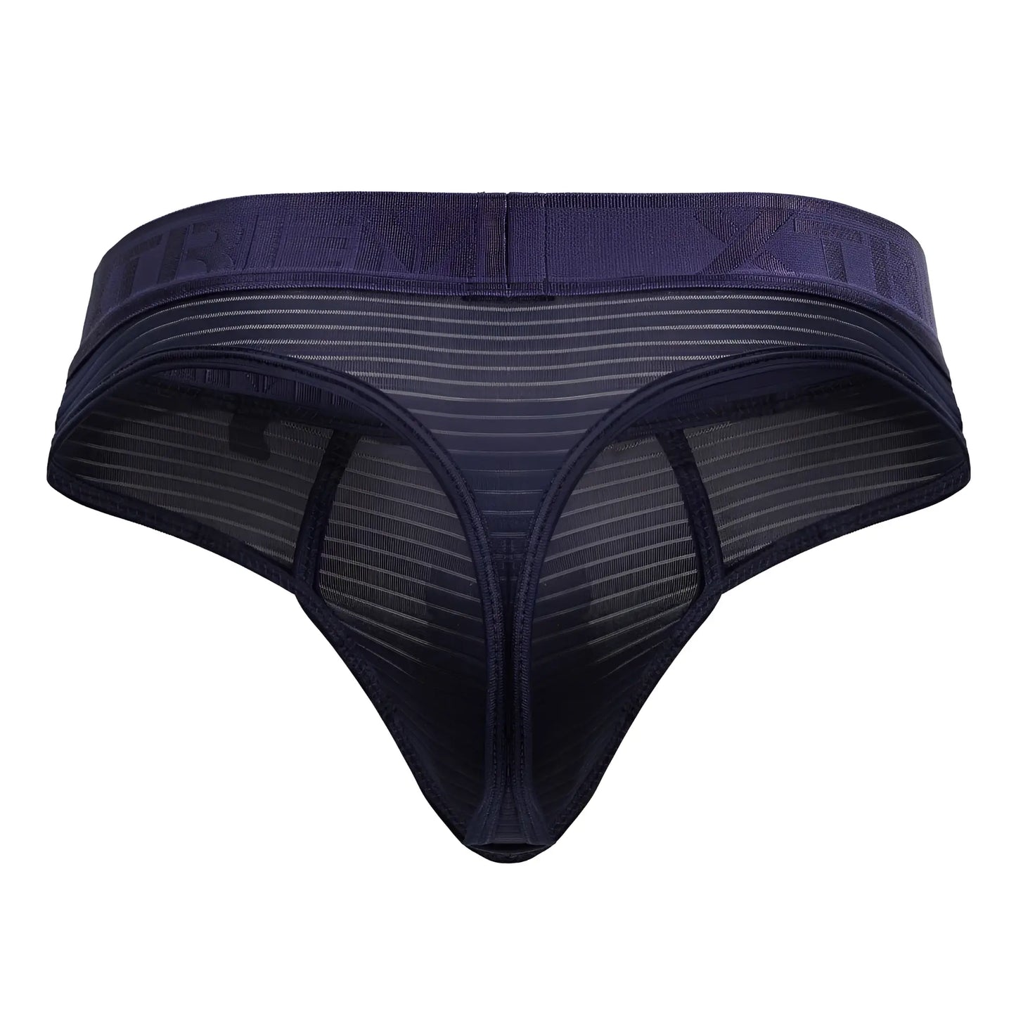 Dark blue xtremen 91211b microfiber thong with mesh fabric solid waistband and subtle vertical stripes