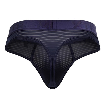 Dark blue xtremen 91211b microfiber thong with mesh fabric solid waistband and subtle vertical stripes