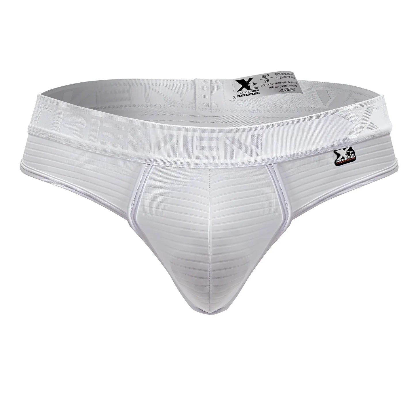 White xtremen 91211b microfiber thongs with ribbed fabric and elastic waistband featuring brand logo