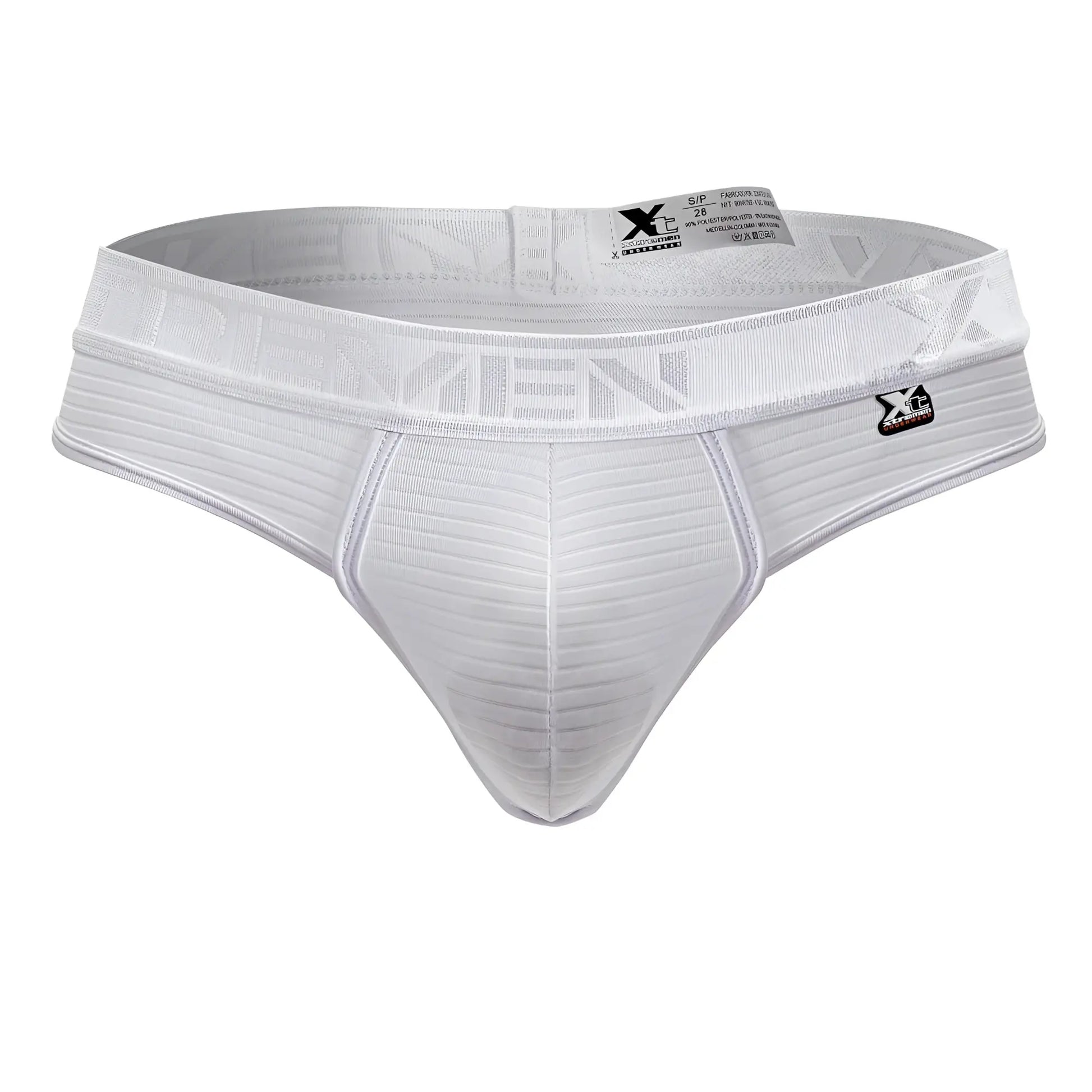 White xtremen 91211b microfiber thongs with ribbed fabric and elastic waistband featuring brand logo