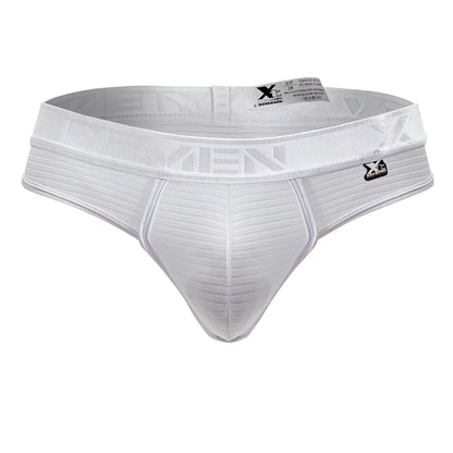 White xtremen 91211b microfiber thongs with ribbed fabric and elastic waistband featuring brand logo