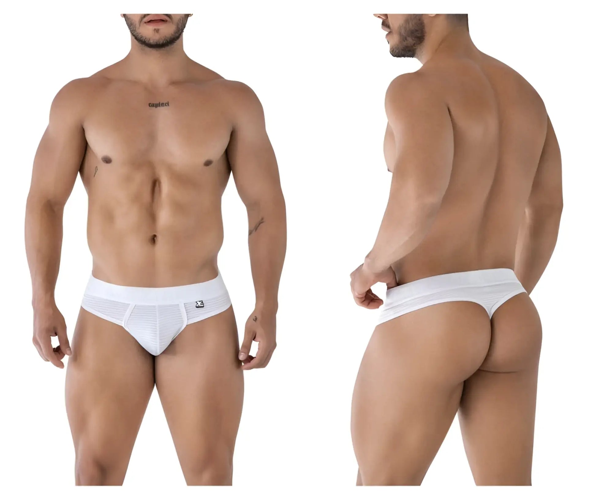 White xtremen 91211b microfiber thong briefs with textured front panel and small logo on waistband
