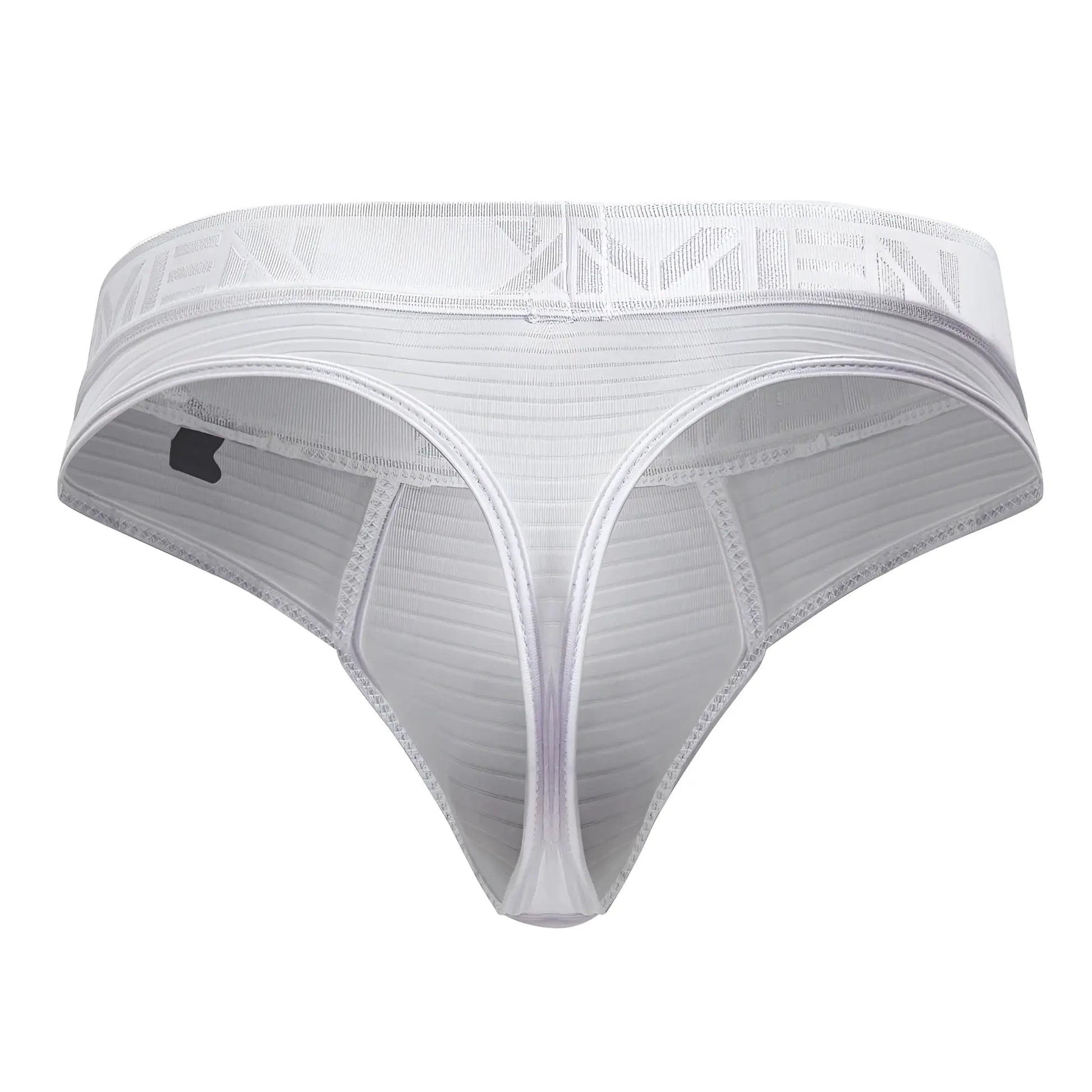 White xtremen 91211b microfiber thong with ribbed mesh texture and elastic xmin logo waistband