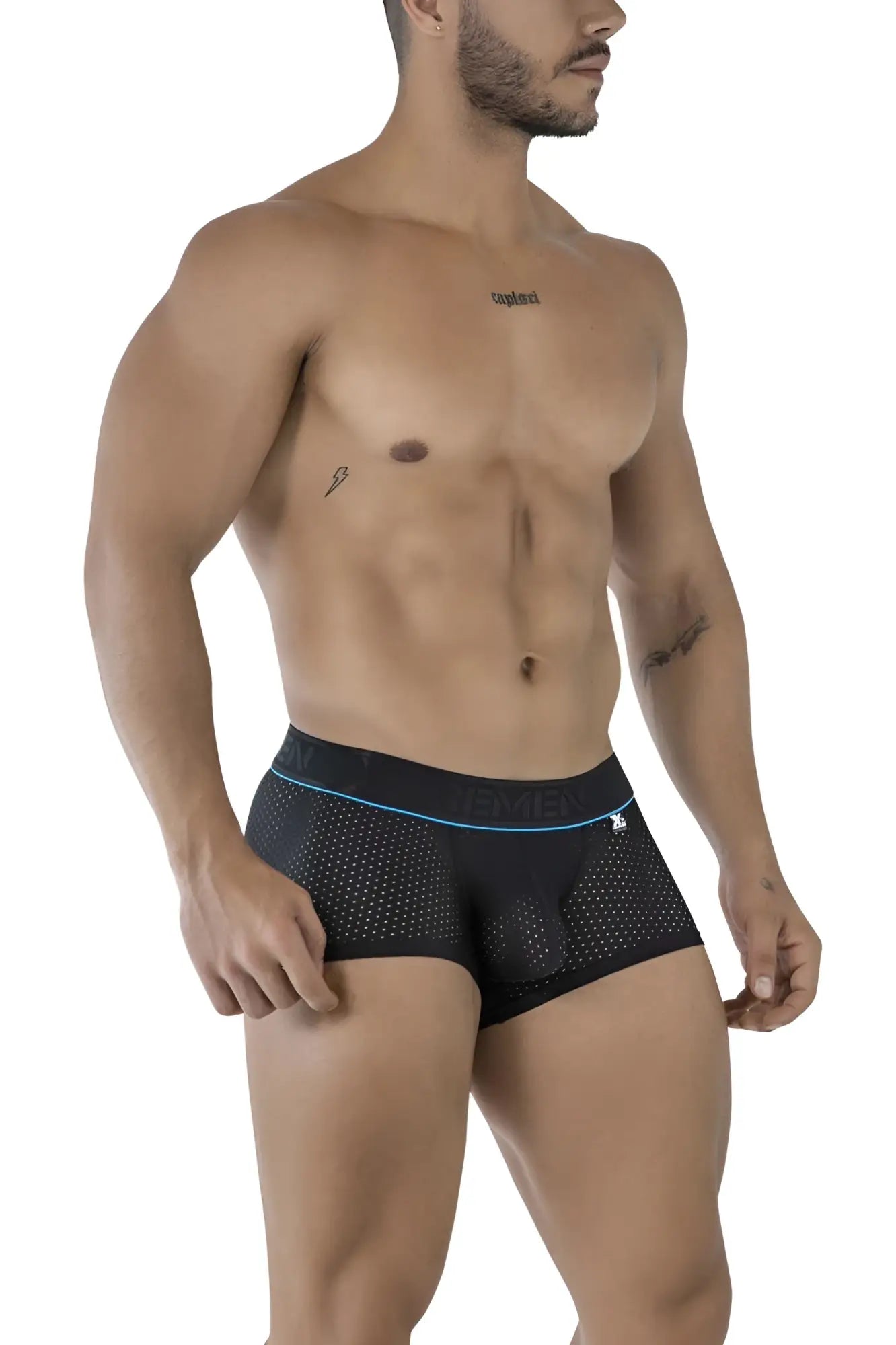 Black xtremen 91212b microfiber trunks with mesh fabric blue trim and tempo waistband for comfort and breathability
