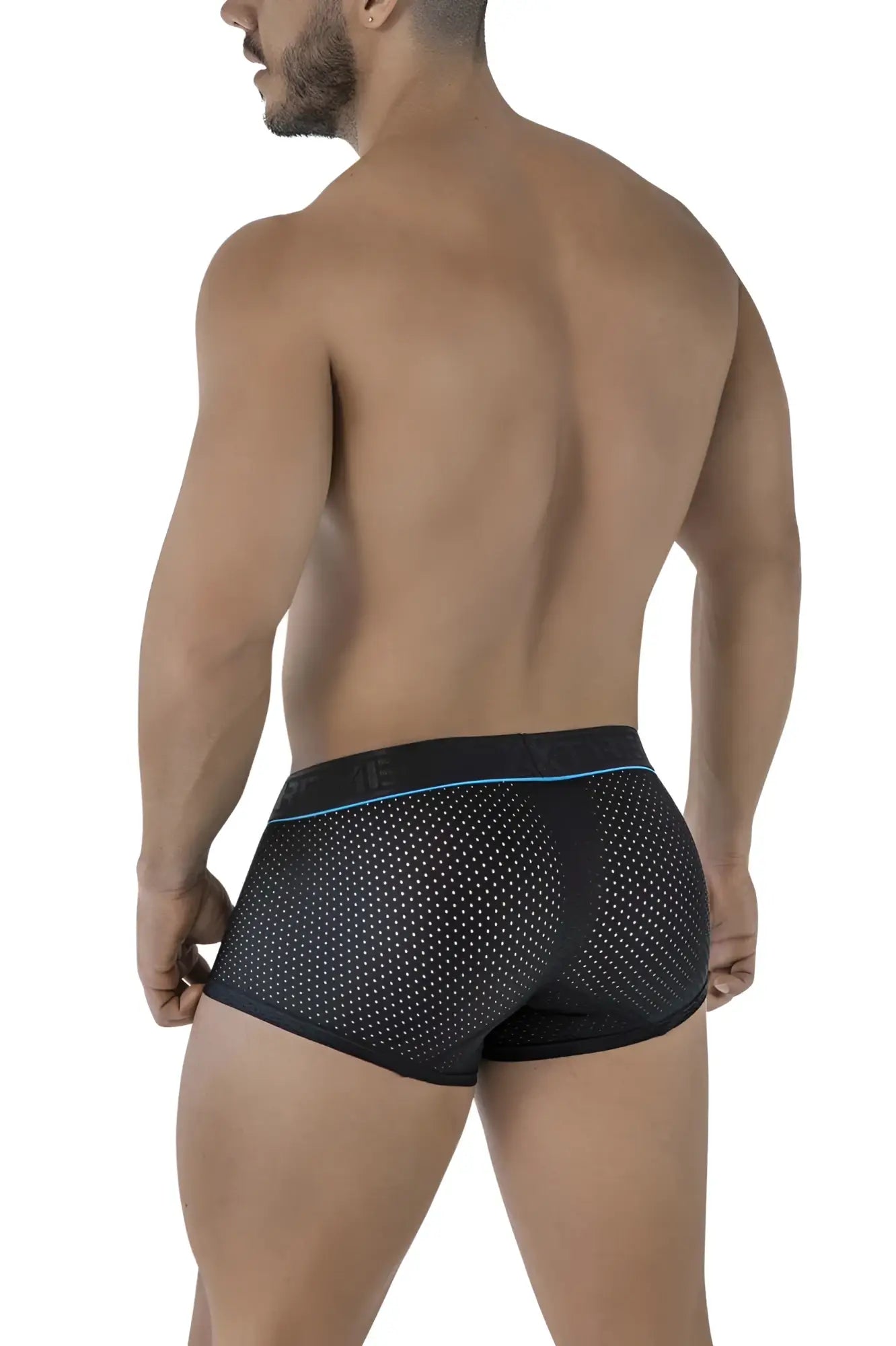 Xtremen 91212B microfiber trunks in black with black mesh briefs and subtle blue trim along the waistband