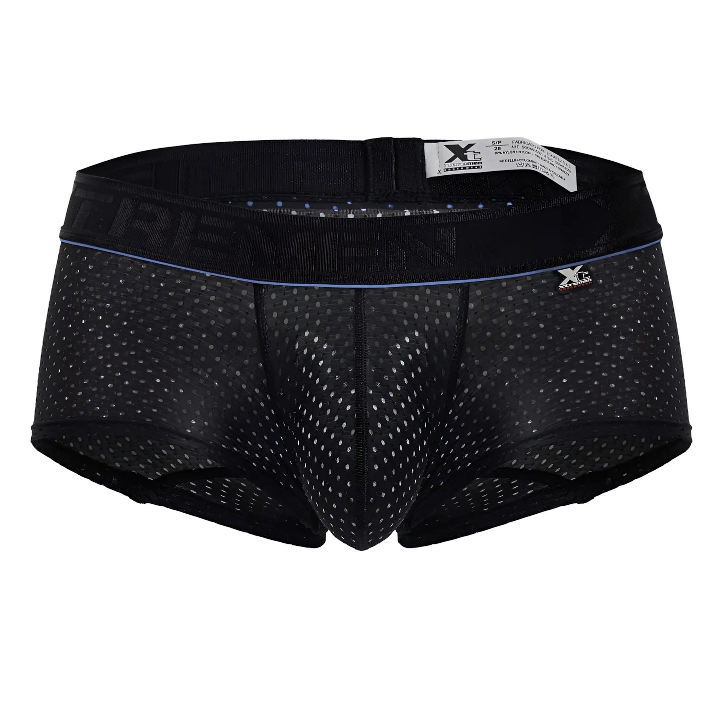 Black xtremen 91212b microfiber trunks with mesh briefs and subtle blue trim featuring trevin waistband branding