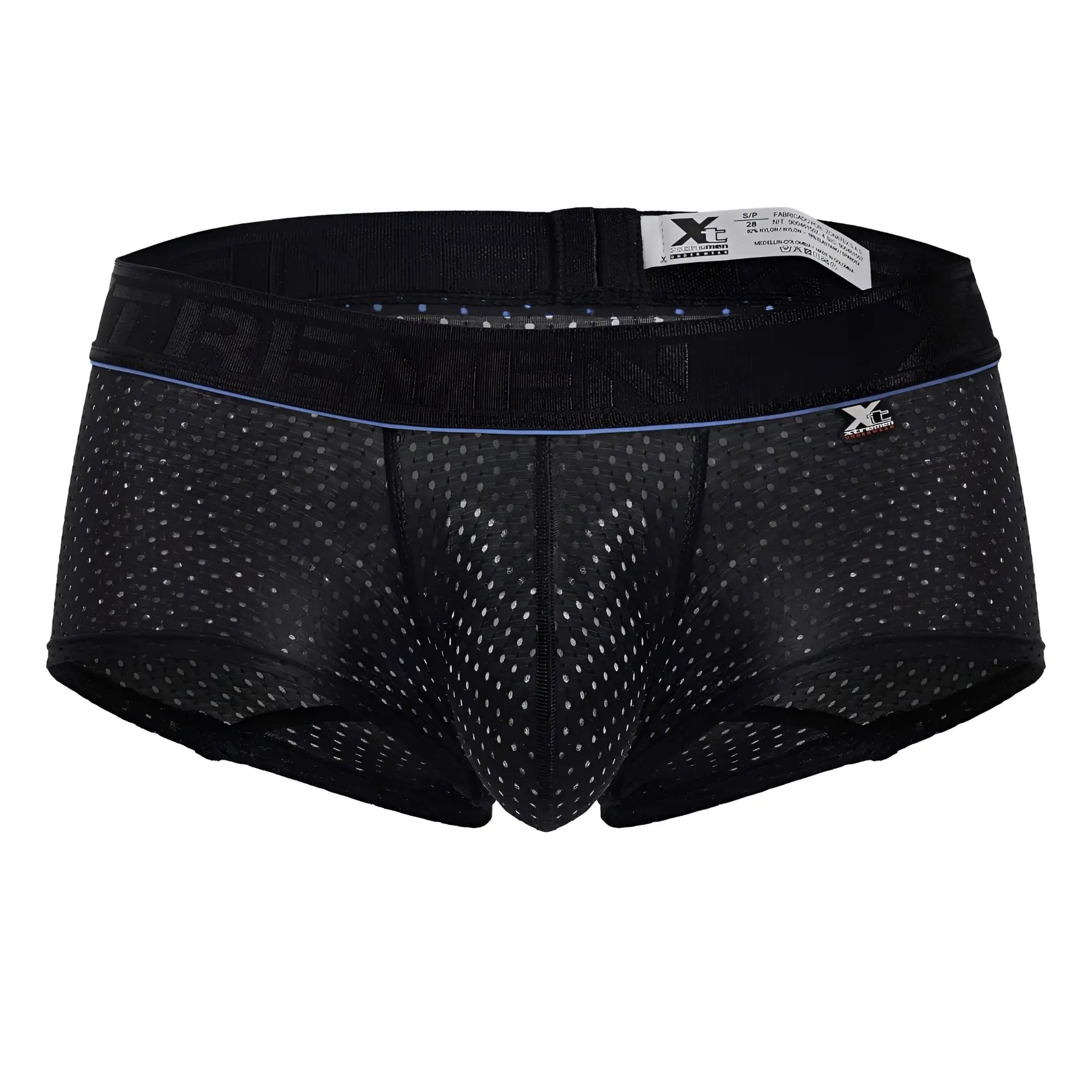 Black xtremen 91212b microfiber trunks with mesh briefs and subtle blue trim featuring trevin waistband branding