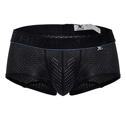 Black xtremen 91212b microfiber trunks with mesh briefs and subtle blue trim featuring trevin waistband branding