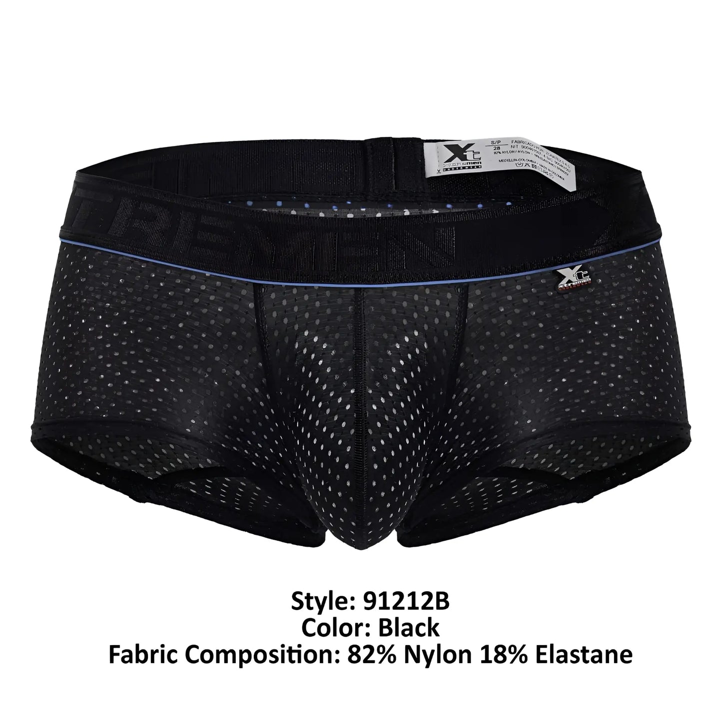 Black xtremen 91212b microfiber trunks with mesh fabric and subtle blue trim on waistband featuring small x logo