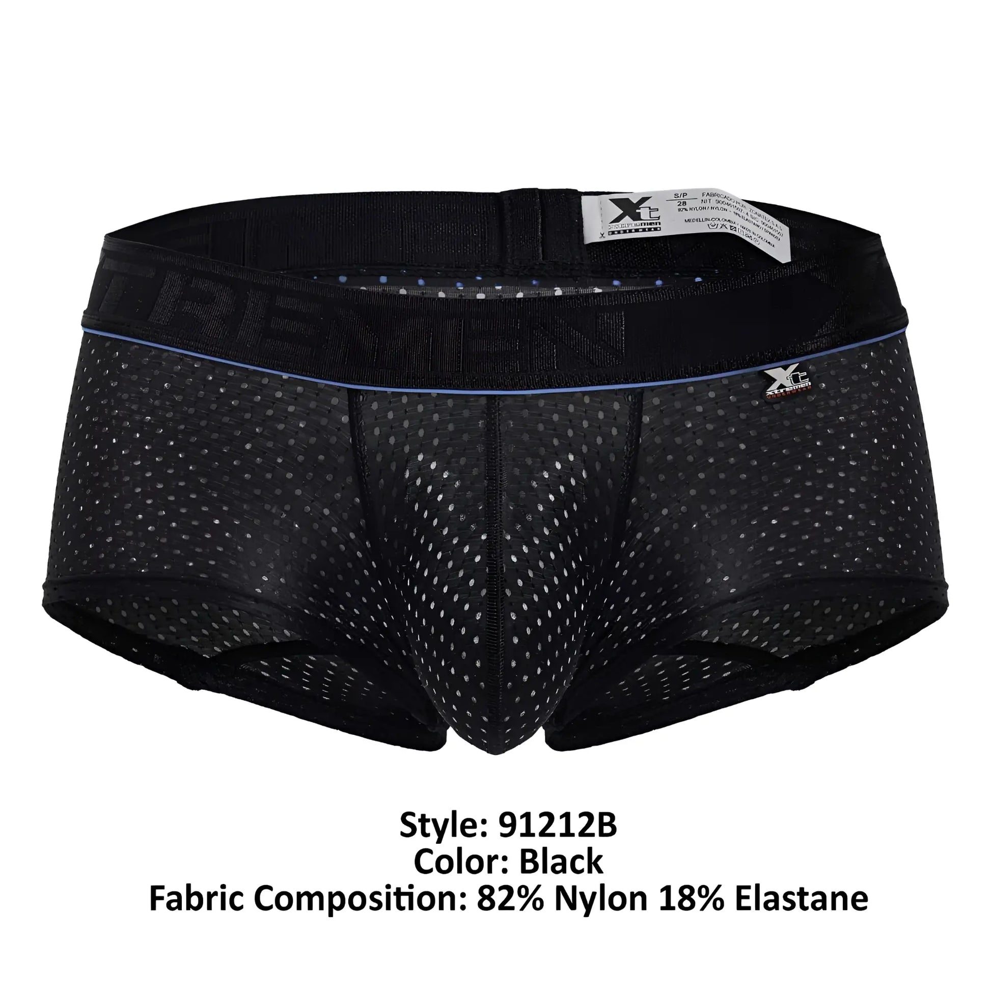 Black xtremen 91212b microfiber trunks with mesh fabric and subtle blue trim on waistband featuring small x logo