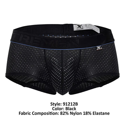 Black xtremen 91212b microfiber trunks with mesh fabric and subtle blue trim on waistband featuring small x logo