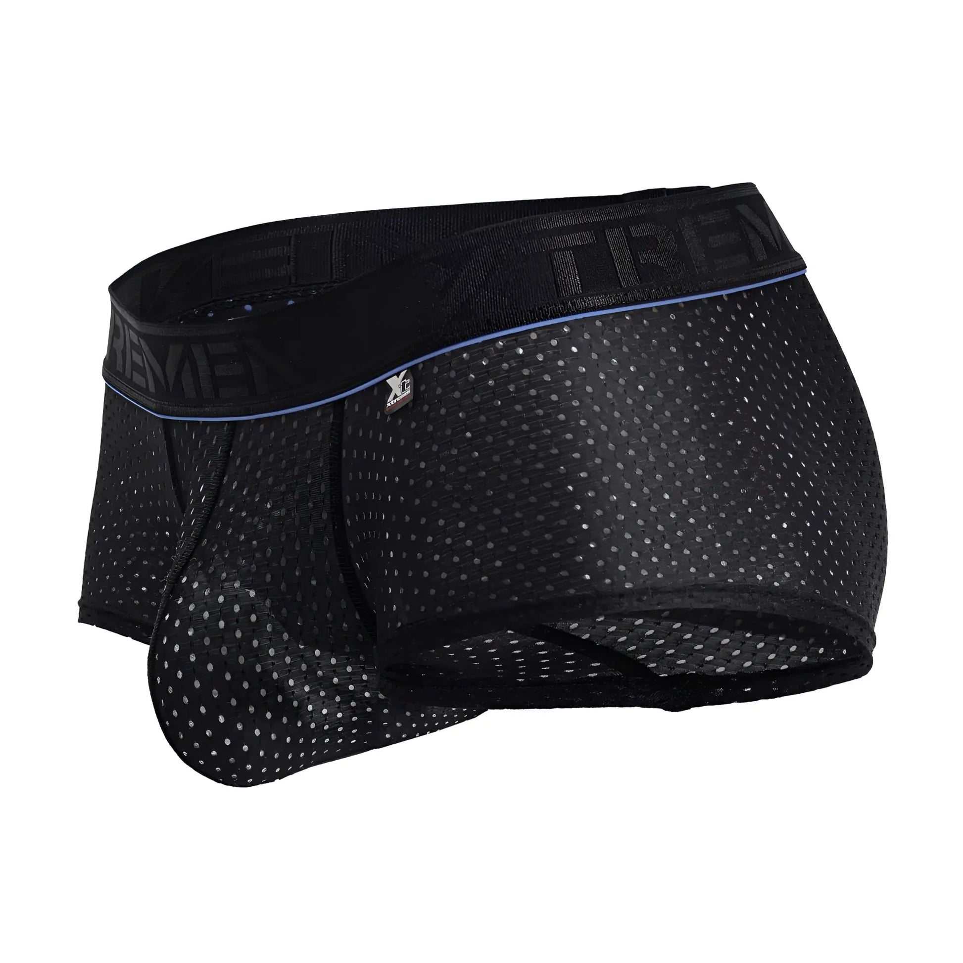 Black xtremen 91212b microfiber trunks featuring mesh briefs with subtle blue waistband trim and embossed branding