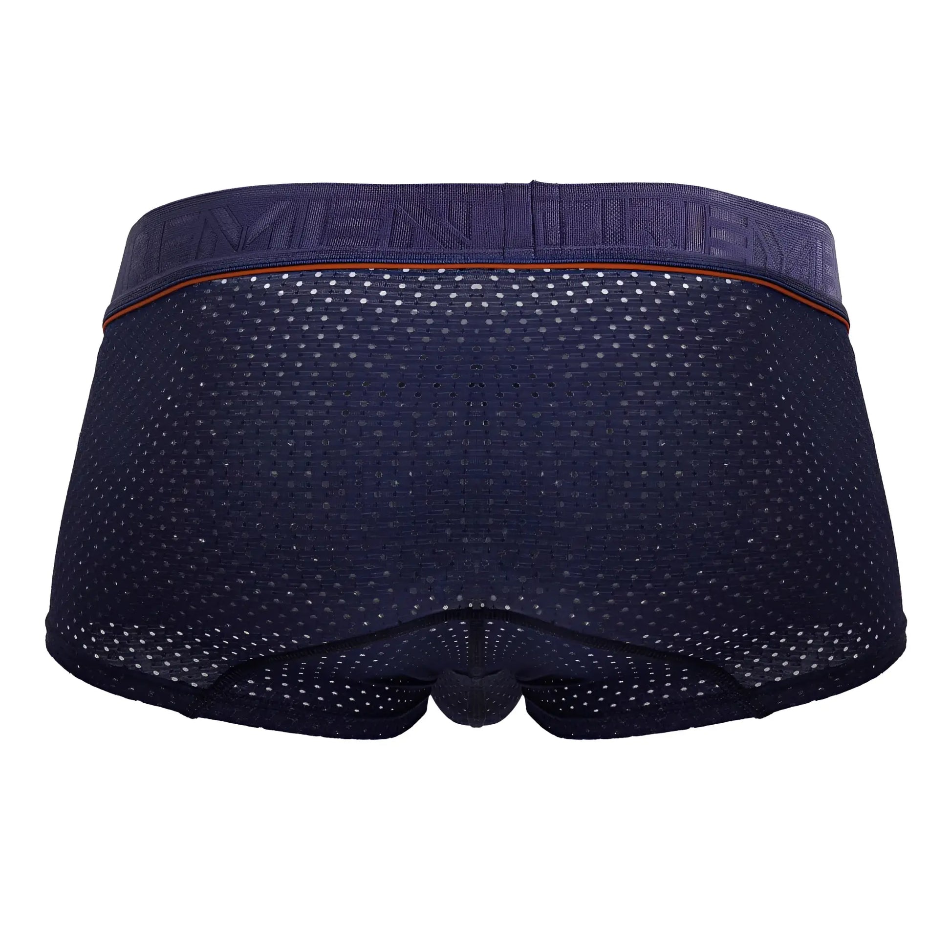 Navy xtremen 91212b microfiber trunks with mesh fabric and orange trim along the waistband