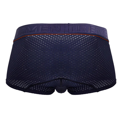 Navy xtremen 91212b microfiber trunks with mesh fabric and orange trim along the waistband