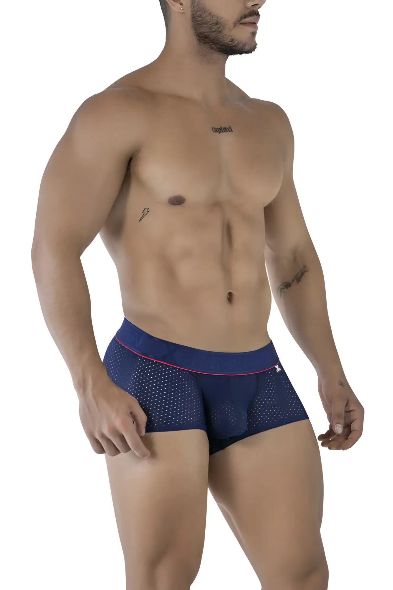Navy blue Xtremen 91212B microfiber trunks with mesh fabric pink trim and white logo on waistband front view