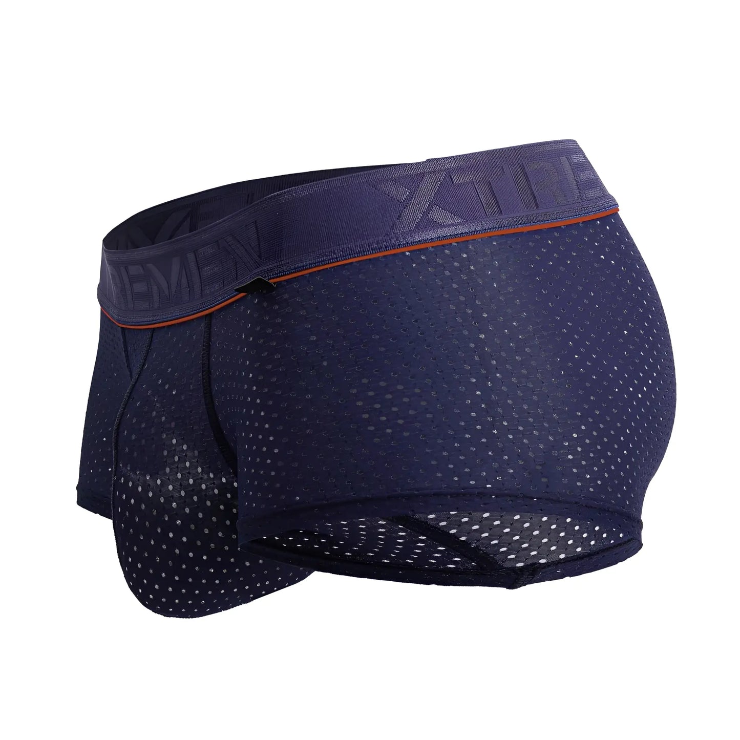 Xtremen 91212b navy microfiber trunks with dark blue mesh boxer briefs and orange trim elastic waistband