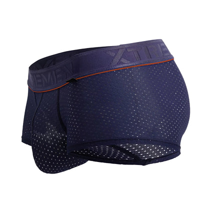 Xtremen 91212b navy microfiber trunks with dark blue mesh boxer briefs and orange trim elastic waistband