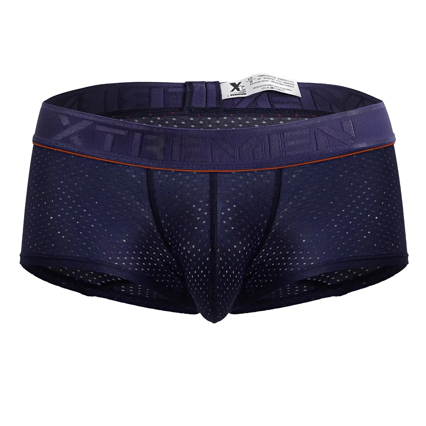 Dark blue navy microfiber mesh briefs with orange trim and xtreme embossed elastic waistband in front view