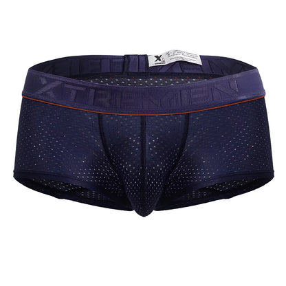 Dark blue navy microfiber mesh briefs with orange trim and xtreme embossed elastic waistband in front view