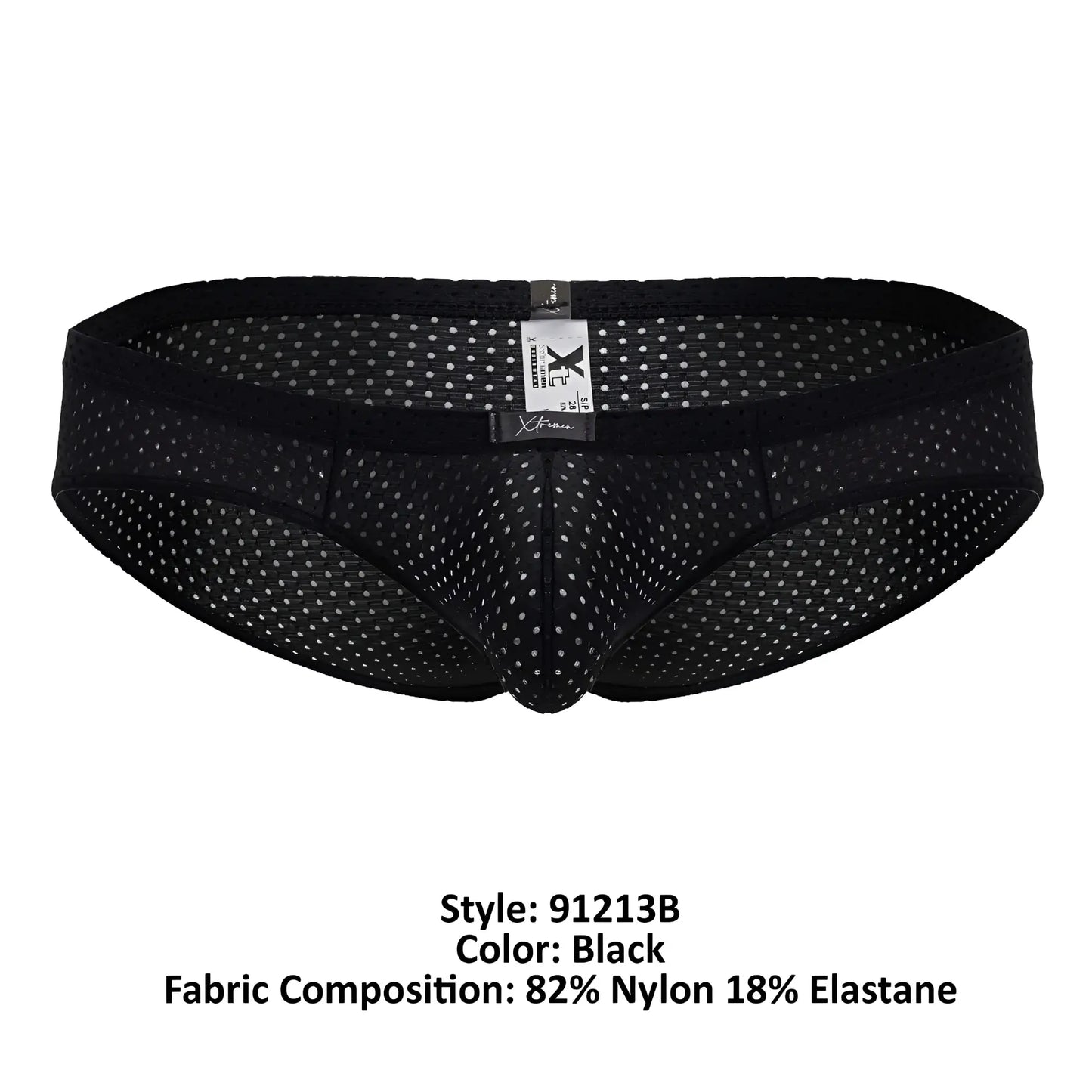 Xtremen 91213B microfiber black briefs with black mesh, subtle white dot pattern, and elastic waistband