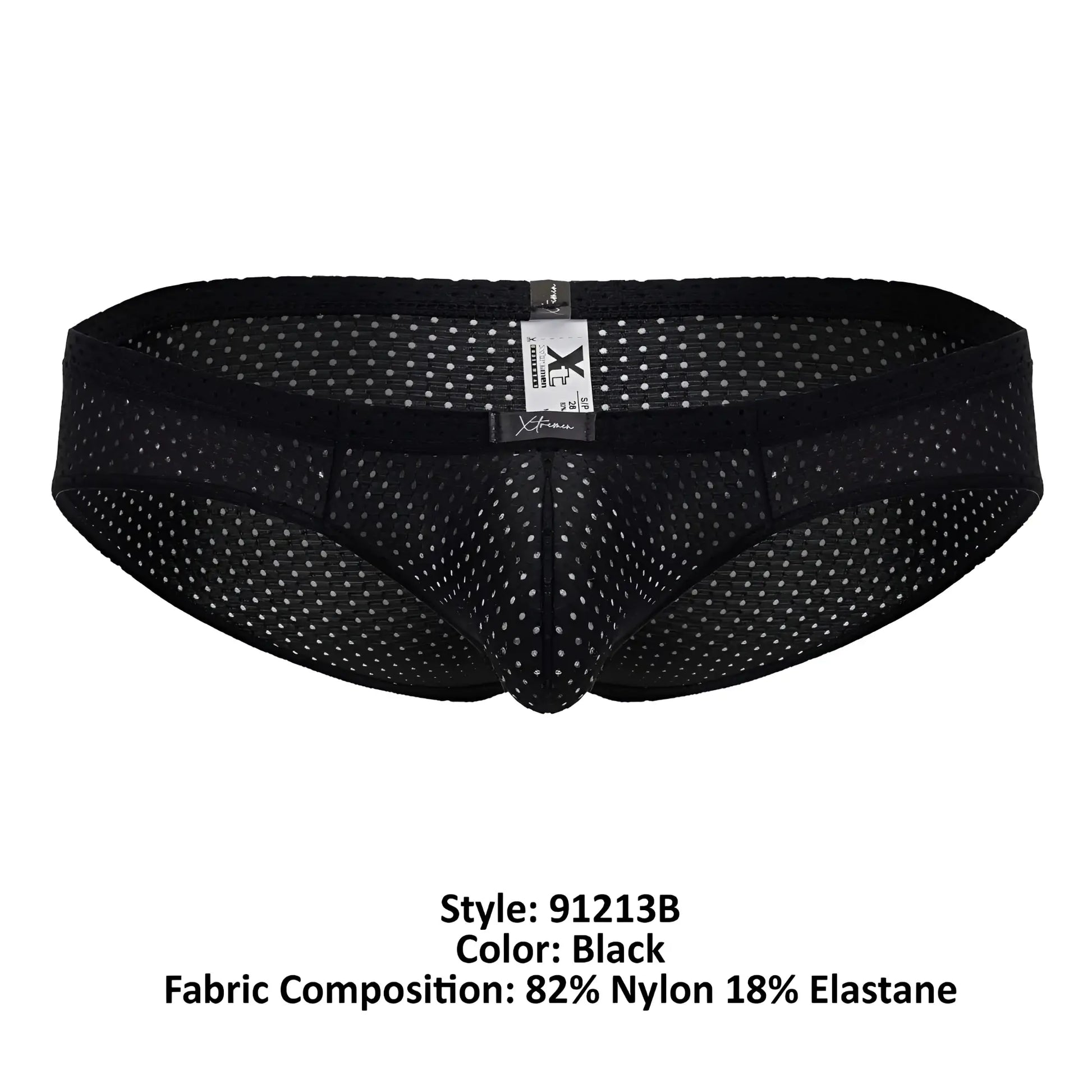 Xtremen 91213B microfiber black briefs with black mesh, subtle white dot pattern, and elastic waistband
