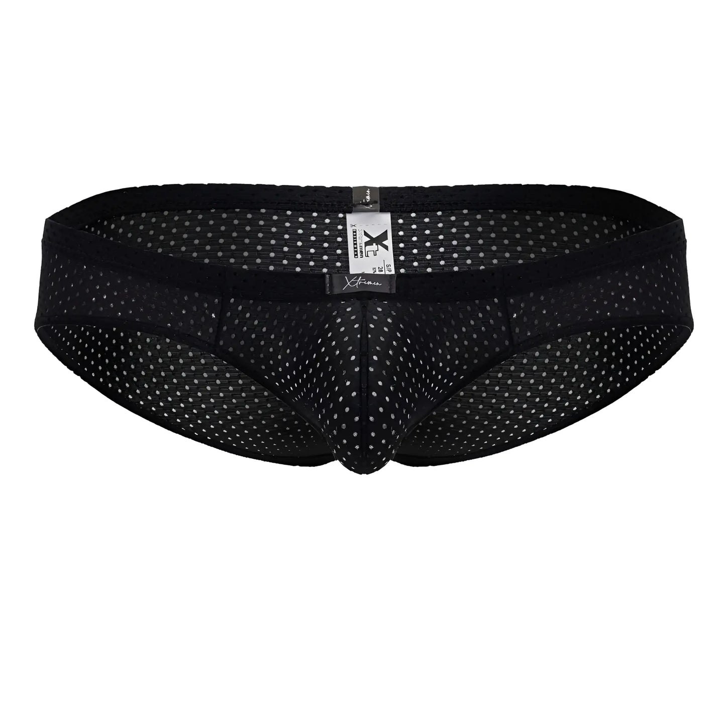 Xtremen 91213B microfiber briefs in black feature black mesh with a subtle white dot pattern and elastic waistband