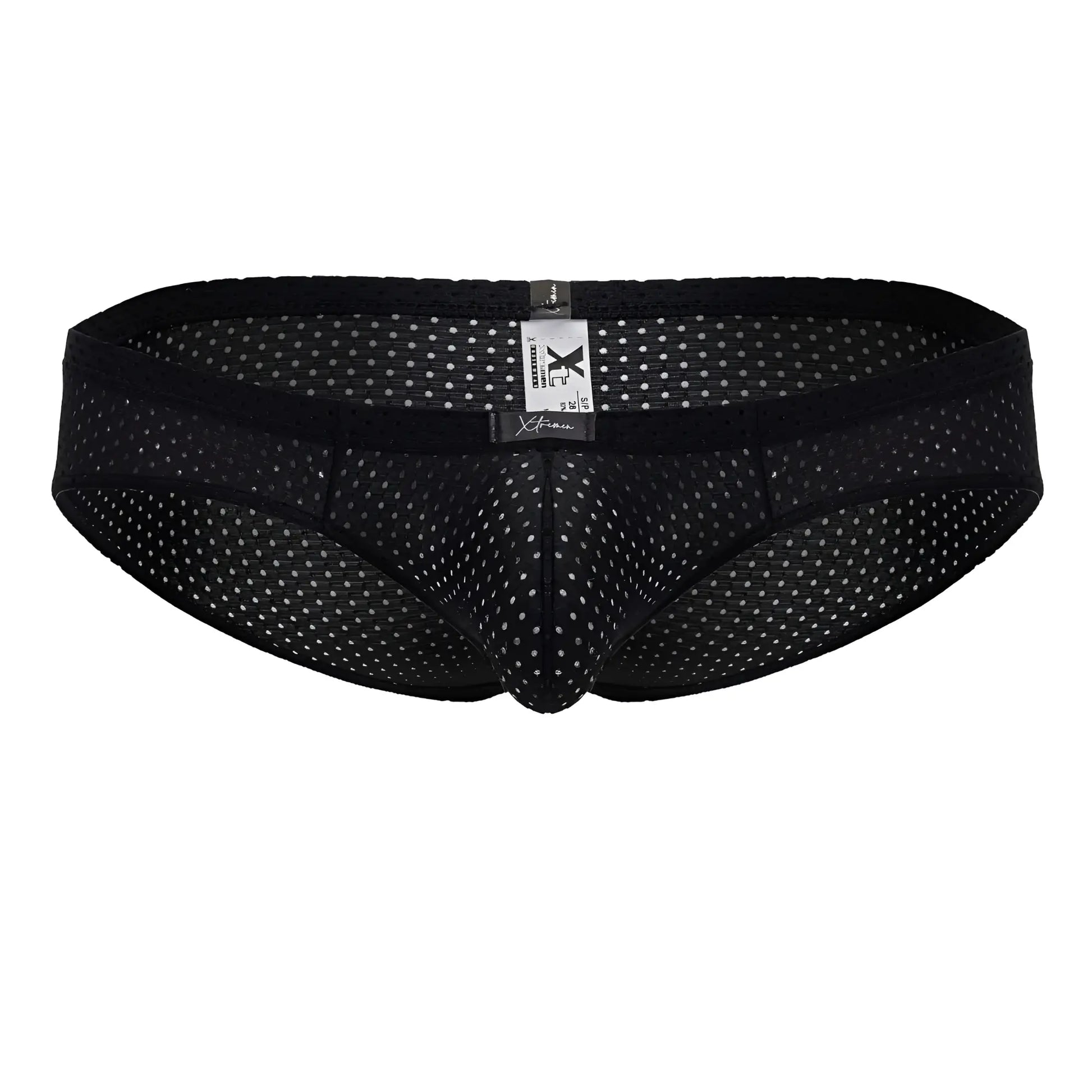 Xtremen 91213B microfiber briefs in black feature black mesh with a subtle white dot pattern and elastic waistband