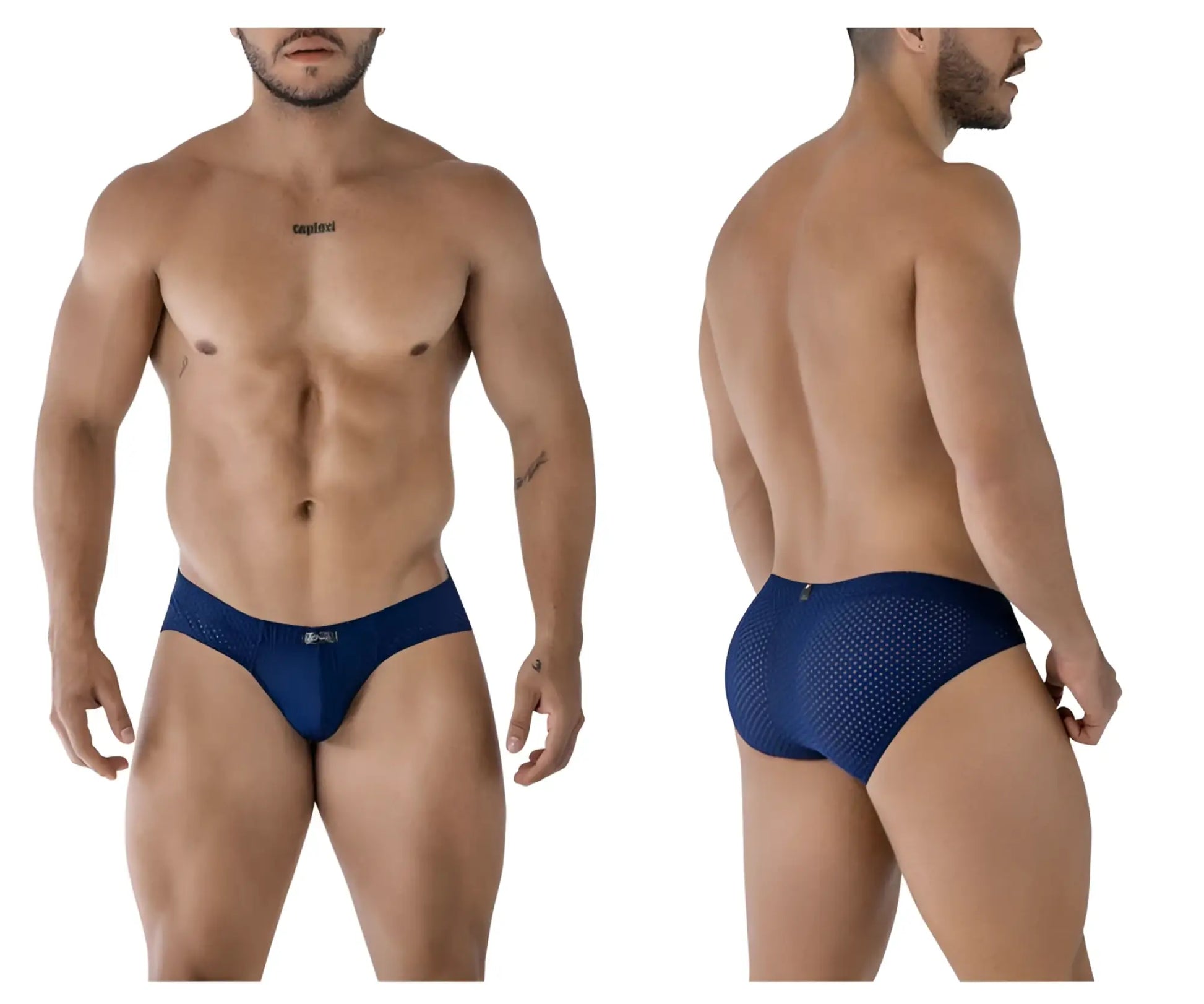 Navy blue Xtremen 91213B microfiber briefs with mesh pattern and small logo on waistband front view