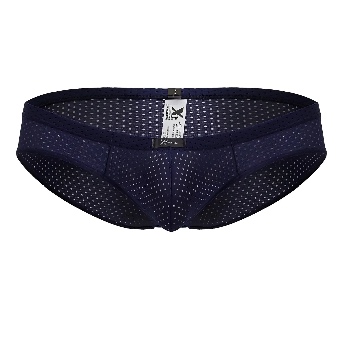 Navy xtremen 91213b microfiber briefs with dark blue mesh fabric and subtle white dot pattern elastic waistband