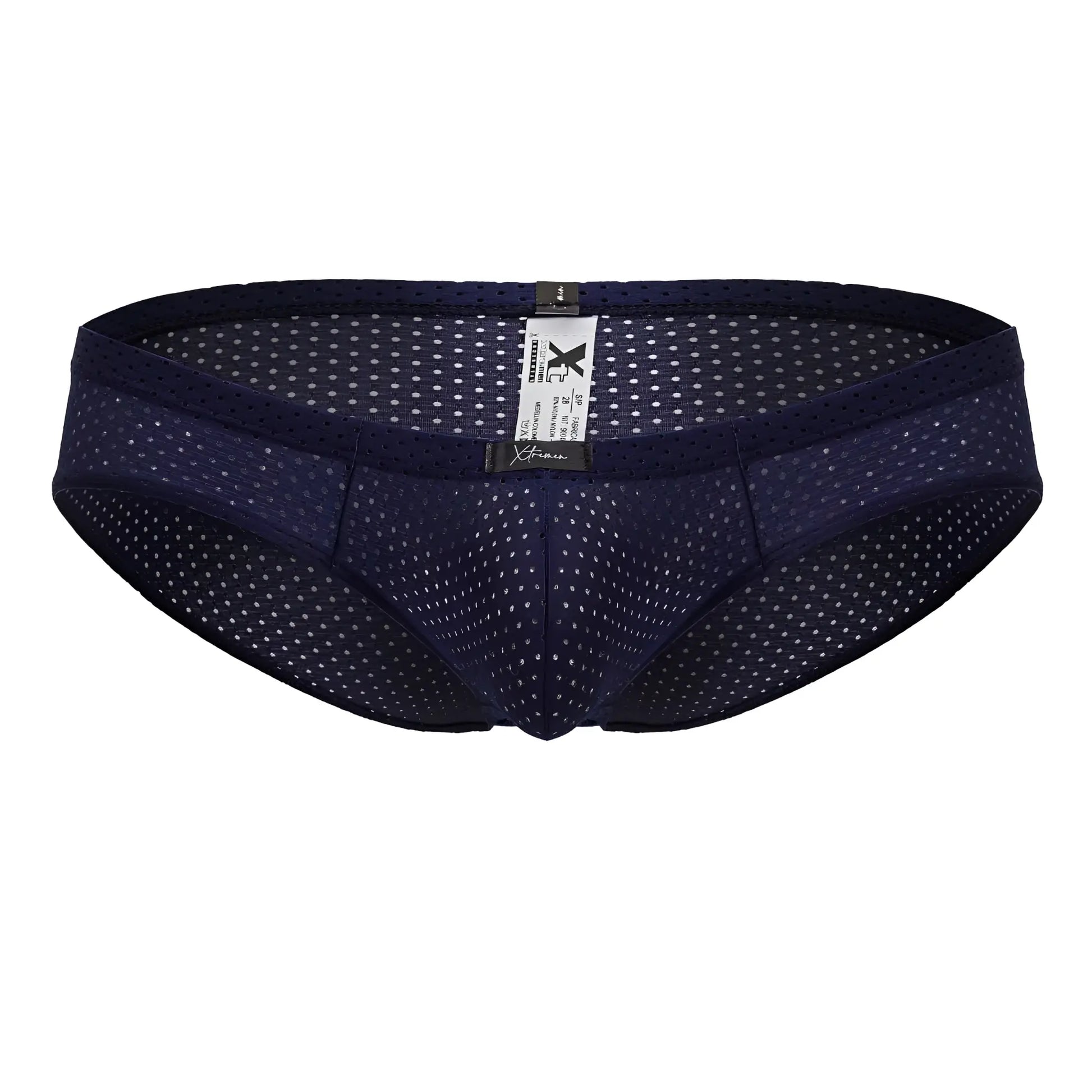Navy xtremen 91213b microfiber briefs with dark blue mesh fabric and subtle white dot pattern elastic waistband