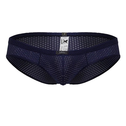 Navy xtremen 91213b microfiber briefs with dark blue mesh fabric and subtle white dot pattern elastic waistband