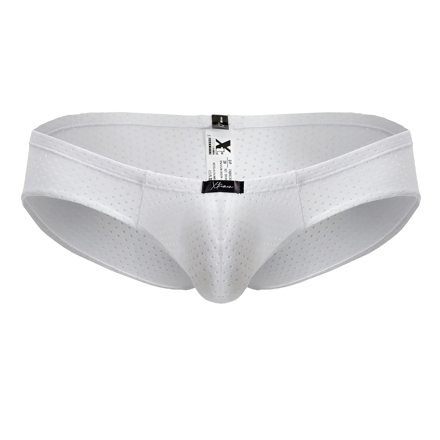 White xtremen 91213b microfiber briefs with perforated mesh, central seam, and black brand tags visible