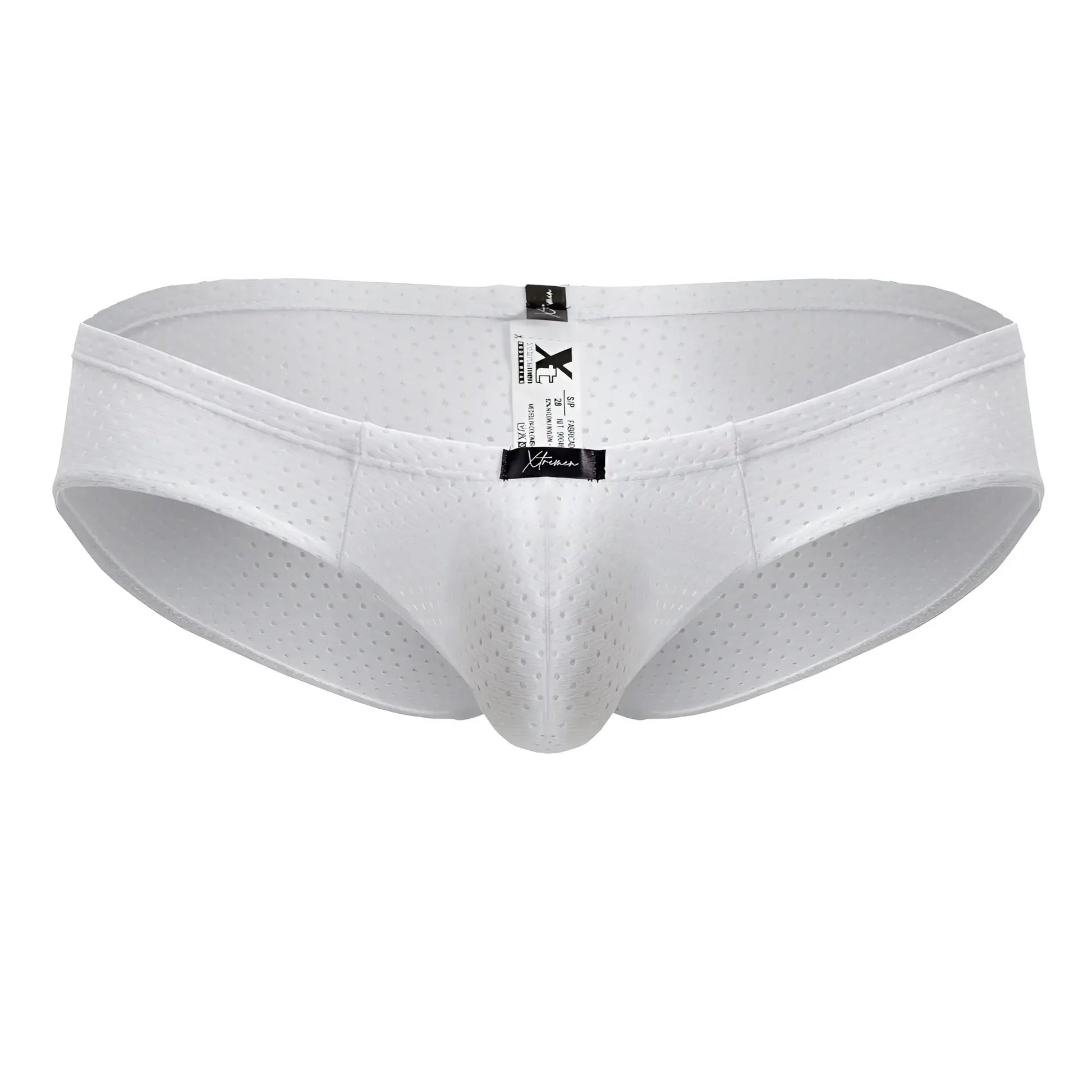 White xtremen 91213b microfiber briefs with perforated mesh, central seam, and black brand tags visible