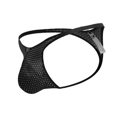 Black xtremen 91214b microfiber thong with silver dot mesh pattern and reinforced elastic straps in front view